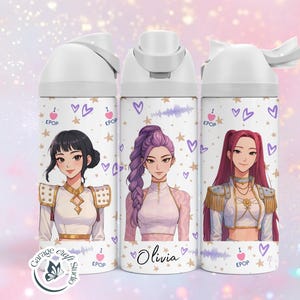 May include: Three white water bottles with illustrations of anime-style women. The bottles have white lids and are decorated with hearts, stars, and the words "I KPOP". One bottle has the name "Olivia".