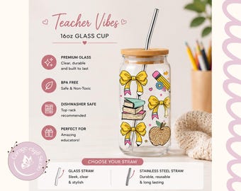 May include: A clear 16oz glass cup with a bamboo lid and a stainless steel straw. The cup is decorated with yellow bows, books, a pencil, a flower, and an apple. The text "Teacher Vibes" is at the top.