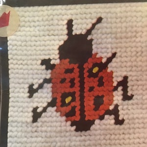 May include: A close-up of a red and black ladybug with yellow spots, embroidered on a white background. The ladybug is surrounded by white yarn.
