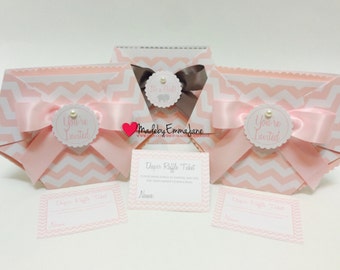 Set of 10 Baby Shower Diaper Invitations Pink Chevron with Matching Diaper Raffle Tickets