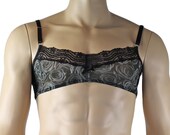 Mens Roses Mesh Bra Top, Male Lingerie Grey Black