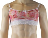 Mens Roses Mesh Bra Top with Lace, Male Lingerie Pink White