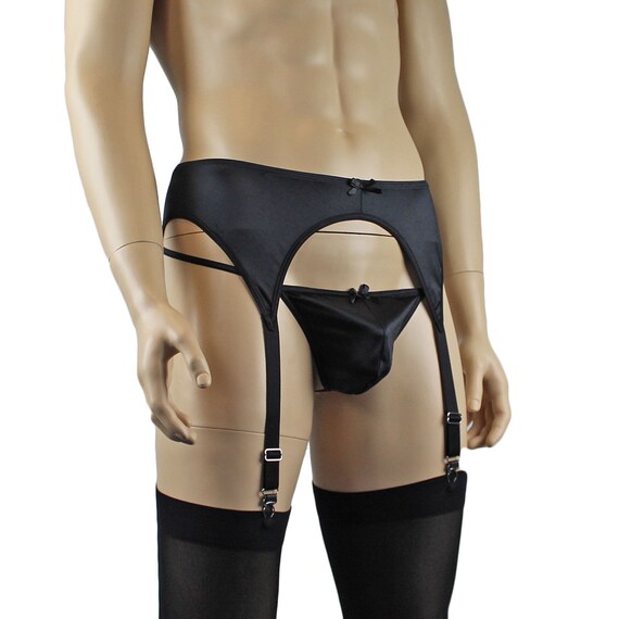 Mens Satin Garterbelt Lingerie G String Stockings Black Etsy