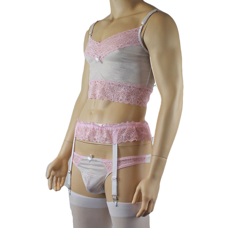 Brief Garterbelt and Stockings Pink Male Stretch Crystal /& Lace Camisole Top