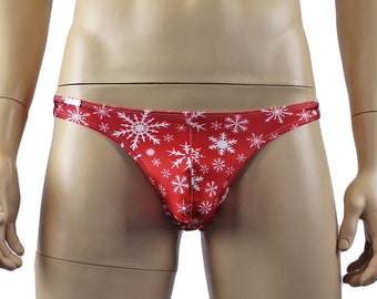 Mens Christmas Snowflake G string Thong Xmas Underwear Red and White