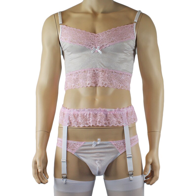 Brief Garterbelt and Stockings Pink Male Stretch Crystal /& Lace Camisole Top