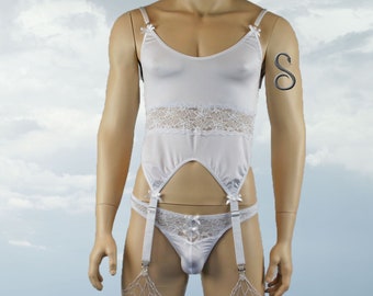 Mens Corset Gartered Top with Lace Front Thong G string White