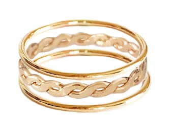 Stacking Skinny Bands & Braid  / Set of Three Rings  / Mix and Match as Fitted Toe Rings or Knuckle Midi Rings / Silver or Gold