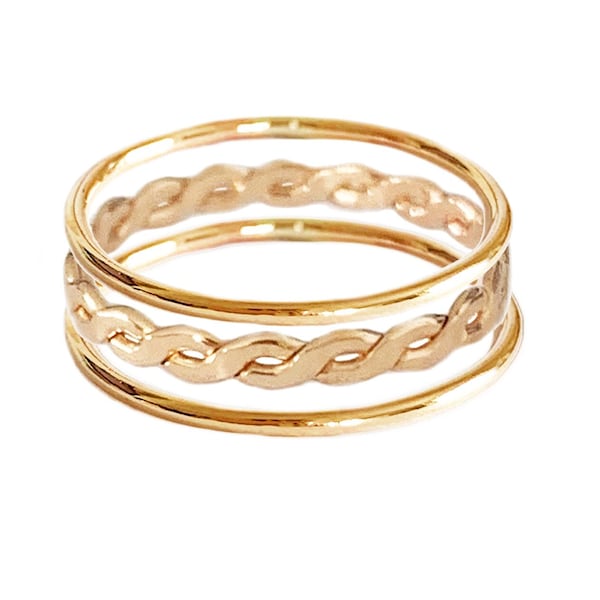 Stacking Skinny Bands & Braid  / Set of Three Rings  / Mix and Match as Fitted Toe Rings or Knuckle Midi Rings / Silver or Gold