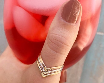 Triple Strand Chevron V Ring / Sterling Silver and 14K Gold Fill Mixed Metals / Smooth Hammered Finish / Three Bonded V Bands