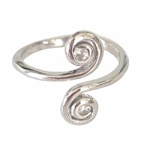 CZ Swirl Sterling Silver Toe Ring / .925 Sterling Silver / One Size Fits All / Adjustable Toe Ring / 2 Bright CZ Stones / Wear as Midi Ring