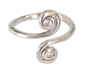 CZ Swirl Sterling Silver Toe Ring / .925 Sterling Silver / One Size Fits All / Adjustable Toe Ring / 2 Bright CZ Stones / Wear as Midi Ring