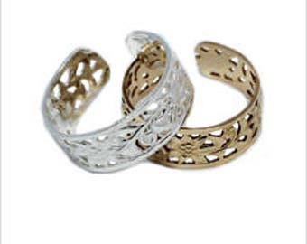 Calypso Design Wide Toe Ring / 14K Gold Fill or Sterling Adjustable / 5mm Wide / Flowers and Swirls / One Size Fits All