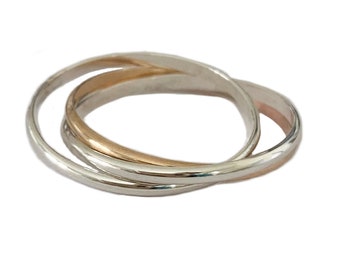 Drie-band rollende in elkaar grijpende duim- of vingerring / gemengde metalen 14K gouden vulling en sterling zilveren ring / maten 5 - 11