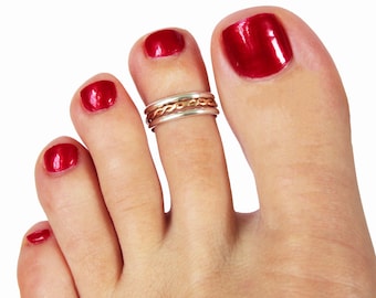Geflochtener Dreifach-Stapel-Toe Ring / Sterling Silber Gold Fill Toe Ring Kombination / Verstellbarer breiter Toe Ring / One Size Fits All / Damen und Herren / HOT!