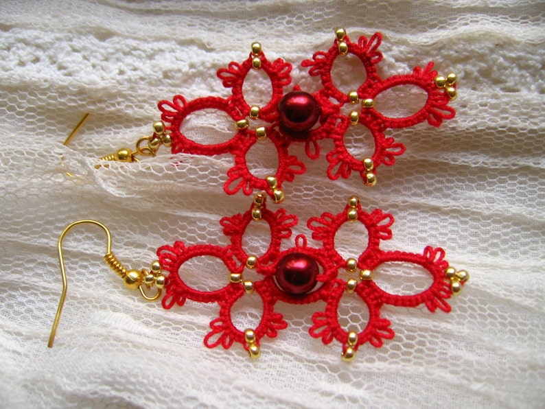 PDF Tatting pattern Red Earrings 2 Shuttle tatted beaded lace Etsy