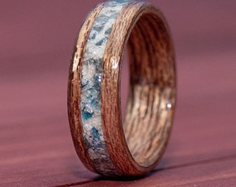 Mahogany Wood Wedding Band: Mother of Pearl & Apatite Inlay