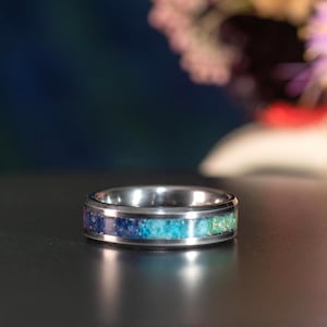 Tungsten Chakra Ring with Seven Stone Inlay – Handmade Spiritual Men’s Ring, Yoga Energy Healing Jewelry, Meditation Ring