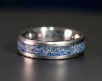 Titanium Ring with Blue Sapphire and Lapis Lazuli Inlay | Handcrafted Wedding Band | September Birthstone