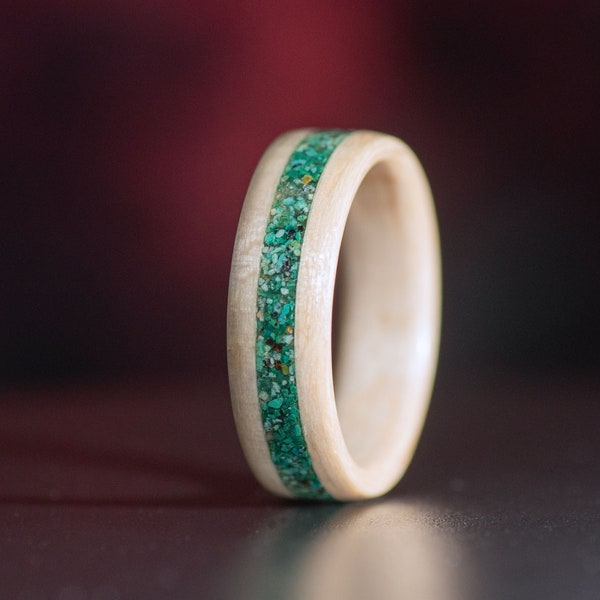 Sycamore wooden ring with malachite and turquoise inlay. Wood Ring for engagements and anniversaries. Ivory Alternative . For men and Women