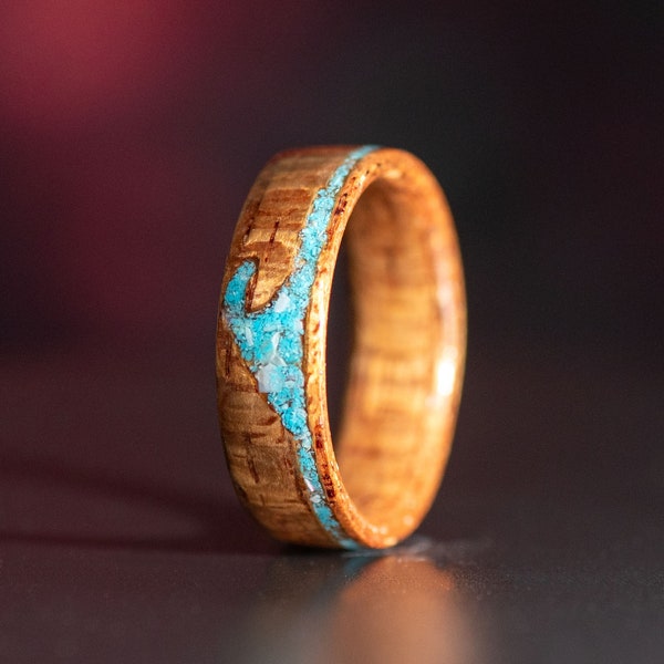 Wooden Ring with Ocean Breaking Wave. Inlay of Mother of pearl and Turquoise. Mahogany Wood For Men and Women. Surf Ring. Handmade
