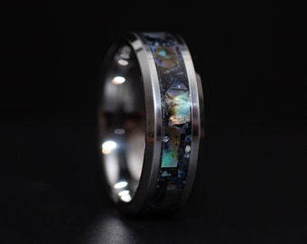 Abalone Tungsten Ring: Ocean Shell Inlay, Black Tourmaline & Sodalite