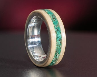 Sycamore Holz Ring mit Sterling Silber Kern - Malachit & Chrysokoll Inlay - Natürlicher Schönheit Handgefertigter Schmuck