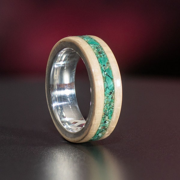 Sycamore Wood Ring with Sterling Silver Core - Malachite & Chrysocolla Inlay - Natural Beauty Handcrafted Jewelry