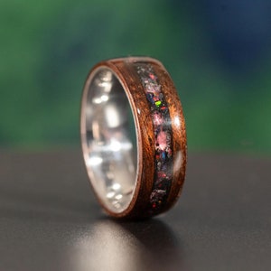 Handcrafted Men&#39;s Wood Wedding Band | Black Opal, Garnet and Black Tourmaline Inlay | Stainless Steel Ring Liner | 6mm, 8mm Width