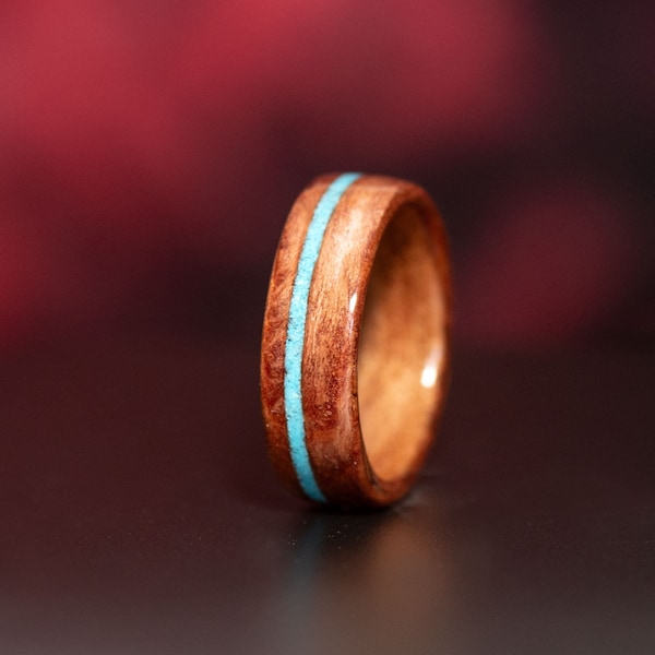 California Redwood Burl Solid Wood Ring with Turquoise Stripe Inlay. Handmade bentwood ring for men or for women. California wooden ring