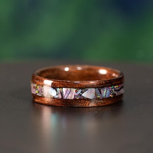 Paua Abalone Shell and Black Fire Opal Inlay Ring| Handmade Wood Wedding Band | Smoked African Rosewood | Nature Inspired Wedding Ring