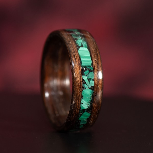 Smoked African Rosewood with Malachite and Black Tourmaline Inlay Solid Wood Ring. Mens wood band. Mens wood ring.
