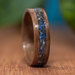 Wood Wedding Ring | Lapis Lazuli, Black Tourmaline, Pyrite Inlay | Men's Wood Ring | Walnut Wood | 5th Anniversary Ring