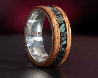Handcrafted Walnut Wood Ring with Sterling Silver Core - Green Emerald & Black Tourmaline Inlay - Unique Eco-Friendly Jewelry