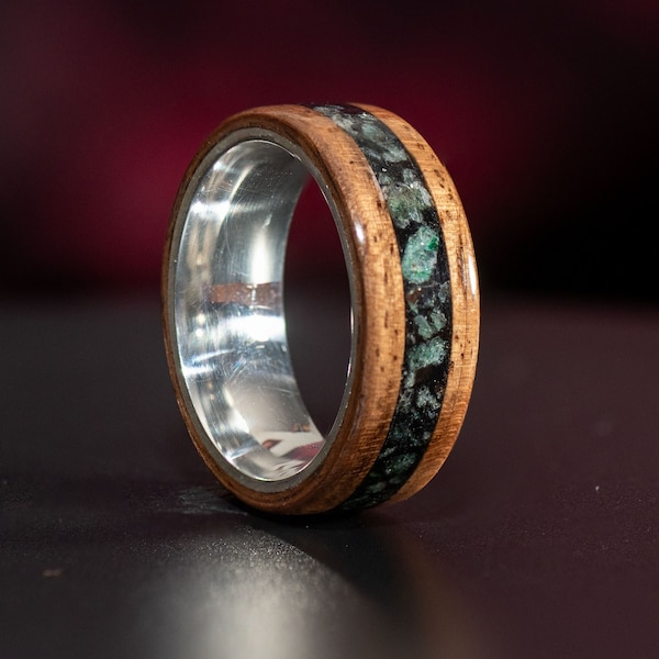 Handcrafted Walnut Wood Ring with Sterling Silver Core - Green Emerald & Black Tourmaline Inlay - Unique Eco-Friendly Jewelry
