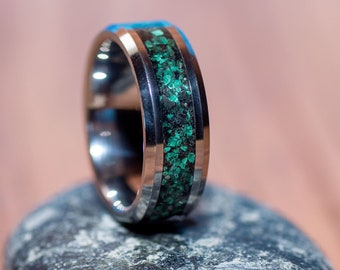 Tungsten Carbide Band with Malachite, Obsidian and Pyrite. Engagement Band for Men. Anniversary Ring or wedding band.
