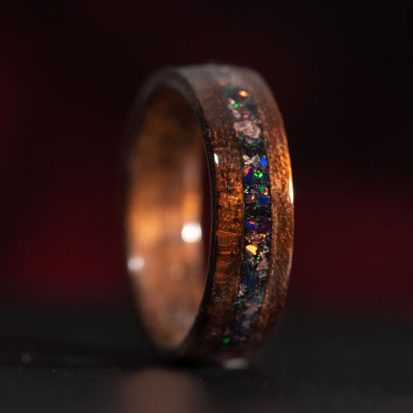 Ebony wood with Garnet, Black Fire Opal, and Black Tourmaline Inlay. Dark Wooden Ring. Bentwood. Handmade. For Men or Women Anniversaries