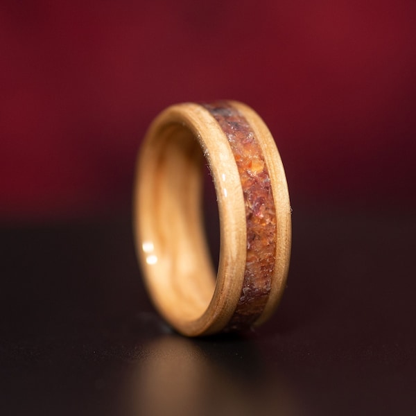 Oak Wood Ring with Carnelian and Garnet Inlay - Handcrafted Natural Jewelry - For men and For Women