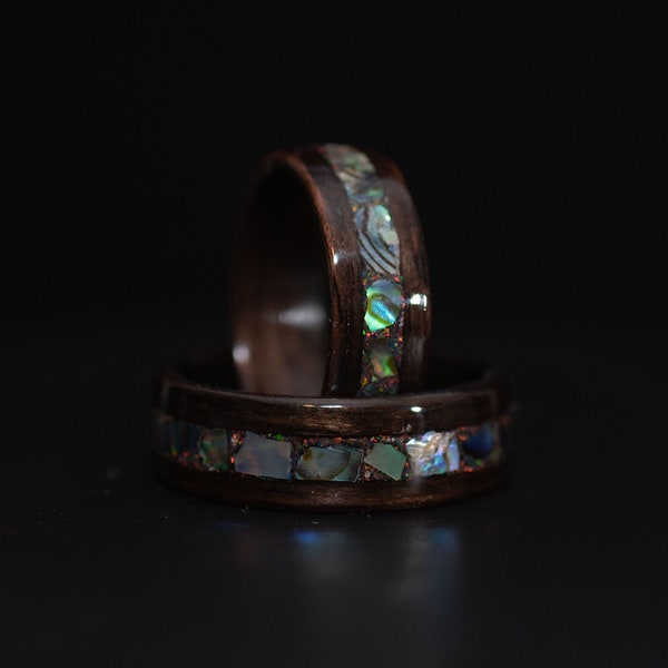 Abalone and Opal Wood Ring. Made with Ebony wood. Ocean Ring. Band for men Ring for Women. Black Fire Opal and Paua Abalone. Customizable