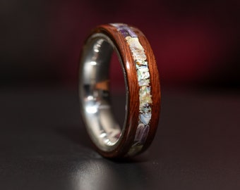 Ring aus Silber und Palisander mit Abalone-, Perlmutt- und Seeigel-Inlay – handgefertigter, vom Ozean inspirierter Schmuck – Hochzeiten – Verlobungen