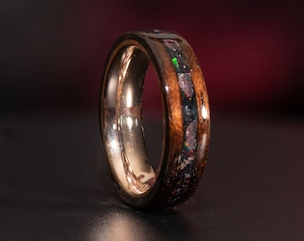 Feueropal, Granat, schwarzer Turmalin Inlay - geräucherter afrikanischer Rosenholz Ring mit Kupferkern - Herrenring - Verlobungsring