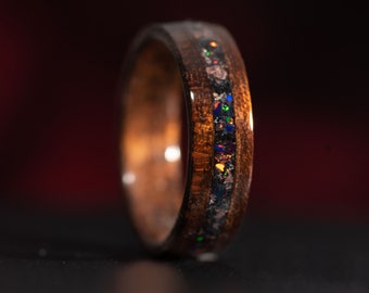 Ebony wood with Garnet, Black Fire Opal, and Black Tourmaline Inlay. Dark Wooden Ring. Bentwood. Handmade. For Men or Women Anniversaries