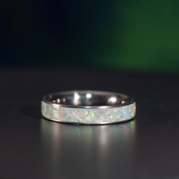 White Opal Titanium Ring: October Birthstone Band (4mm, 6mm, 8mm)