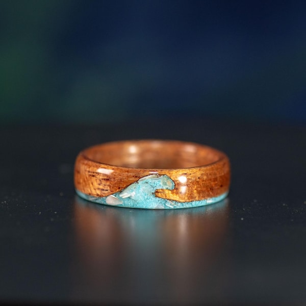 Ocean Inspired Wave Ring with Turquoise and Mother of Pearl Inlay. Made with Mahogany Wood.