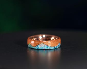 Tineo Wood Mountain Ring with Blue Opal, Turquoise & White Opal - Copper Core Men’s Nature Wedding Band