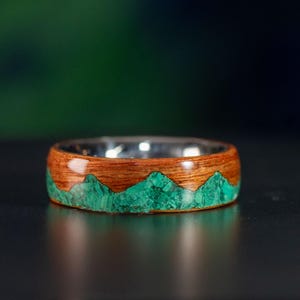 Malachite Mountain Design Canarywood Ring | Stainless Steel Core | Nature-Inspired Wood Wedding Band