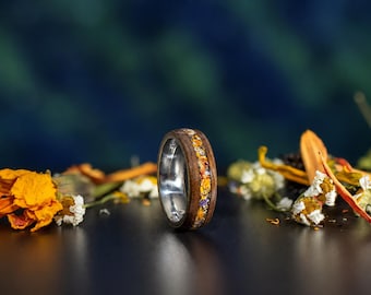 Rosewood Flower Keepsake Ring, Custom Wedding Bouquet Ring, Preserved Floral Inlay Band, Multiple Metal Core Options
