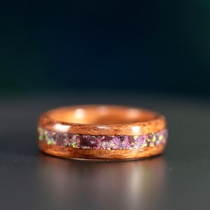 Wood Ring | Ruby, White Opal, Garnet Inlay | Wood Wedding Rings | Brown Oak Wood Band | His and Hers