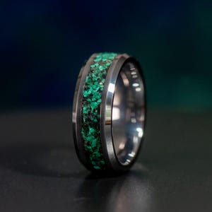 Mens Wedding Ring | Tungsten Carbide Band | Malachite Obsidian and Pyrite Inlay | Engagement Ring