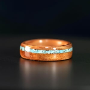 California Redwood Wood Ring | Turquoise Stripe Inlay | Handmade Bentwood Ring | Wood Wedding Ring | December Birthstone